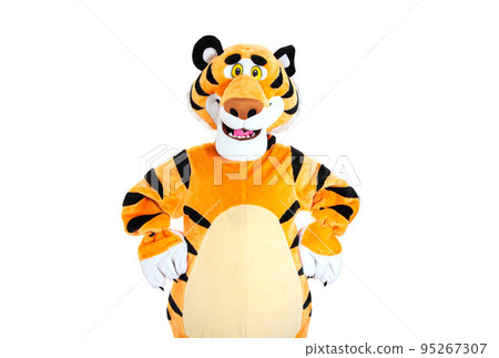 Man in a striped orange tiger costume posing on a white background, isolate. Holiday animator Man in a striped orange tiger costume posing on a white background, isolate. Holiday animator 95267307