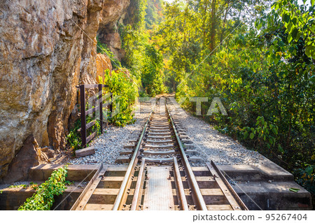 The Death Railway crossing kwai river in Kanchanaburi Thailand. Important landmark and destination to visiting and world war II history built 95267404