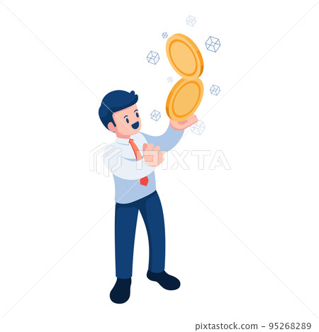 Isometric Businessman Holding Vertical Coin Stack 95268289