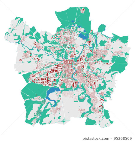 Plzen map. Detailed map of Plzen city administrative area. Cityscape urban panorama. Outline map with buildings, water, forest. 95268509