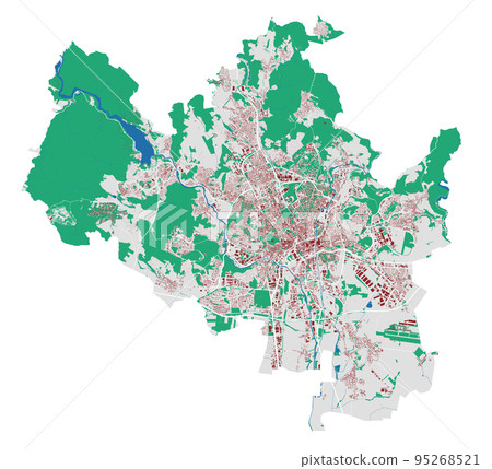 Brno map. Detailed map of Brno city administrative area. Cityscape urban panorama. Outline map with buildings, water, forest. 95268521