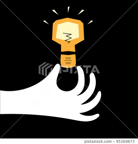 White Hand holding orange light bulb on black background. Concept vector illustration of search for answers to questions, solutions for problem. White Hand holding orange light bulb on black background. Concept vector illustration of search for answers to questions, solutions for problem. 95268673