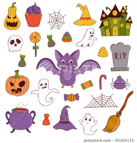 Funny halloween set: pumpkin, ghost, witch hat, bat, sweets, spider, broom. Trick or treat concept. Vector illustration in hand drawn style 95269133