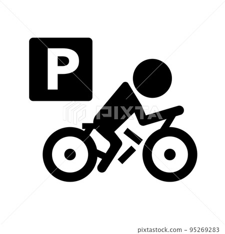 Silhouette icon of bicycle parking lot sign with person pedaling a bicycle. vector. Silhouette icon of bicycle parking lot sign with person pedaling a bicycle. vector. 95269283