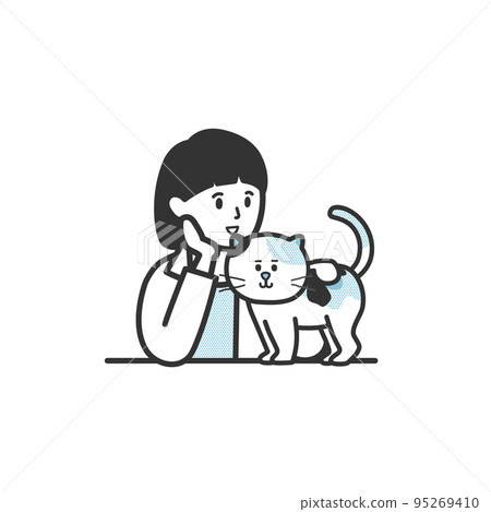 Illustration of a girl stroking a calico cat 95269410