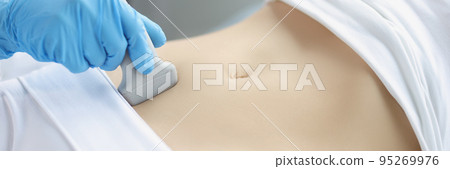 Hands on a woman's stomach, ultrasound abdominal cavity Hands on a woman's stomach, ultrasound abdominal cavity 95269976