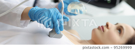 Hands on a woman's chest, ultrasound of the chest, close-up 95269999