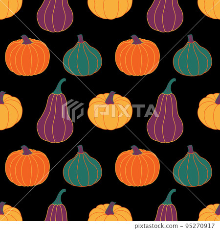 Cool pumpkins on a black background. Seamless vector pattern. Autumn illustrations for holiday decorations, postcards, banners, festive wrapping paper, modern prints, bright fabrics, and textiles. 95270917