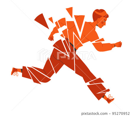 Stressed Man Character Running with Red Body Broken to Pieces Feeling Anger and Resentment Vector Illustration 95270952