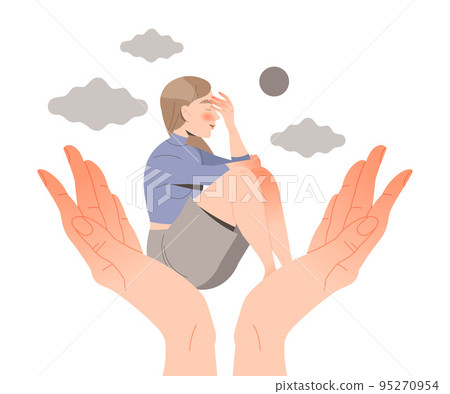 Stressed Woman Character in Hand Palm Feeling Sadness and Loneliness Vector Illustration 95270954