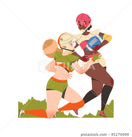 Woman Rugby Player in Helmet and Uniform Playing American Football Game Running with Ball and Attacking Vector Illustration 95270999
