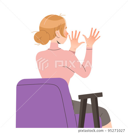 Young Woman Character Sitting in Chair Showing Stop Gesture with Raised Hands Vector Illustration Young Woman Character Sitting in Chair Showing Stop Gesture with Raised Hands Vector Illustration 95271027