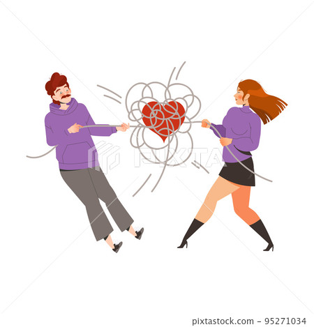 Relationship Problems with Man and Woman Pulling Entangled Around Heart Rope Apart Vector Illustration Relationship Problems with Man and Woman Pulling Entangled Around Heart Rope Apart Vector Illustration 95271034
