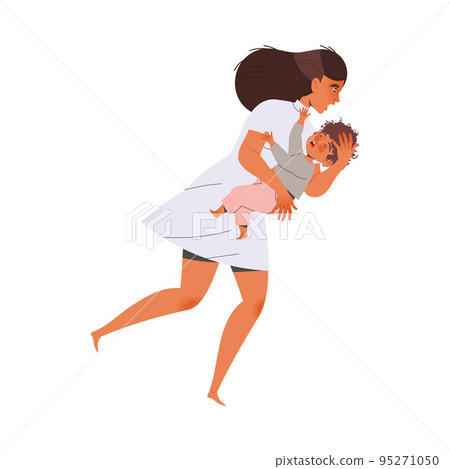 Barefoot Woman Refugee with Baby Leaving Homeland Fleeing from War Conflict Seeking Asylum Vector Illustration 95271050