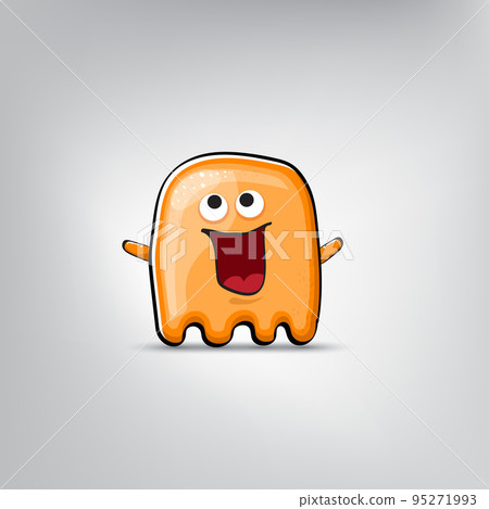 Funny cute smiling orange ghost monster isolated on grey background. Hand drawn cartoon ghost character with eyes and mouth , cute emoji. Funky Halloween spirit element. Funny cute smiling orange ghost monster isolated on grey background. Hand drawn cartoon ghost character with eyes and mouth , cute emoji. Funky Halloween spirit element. 95271993