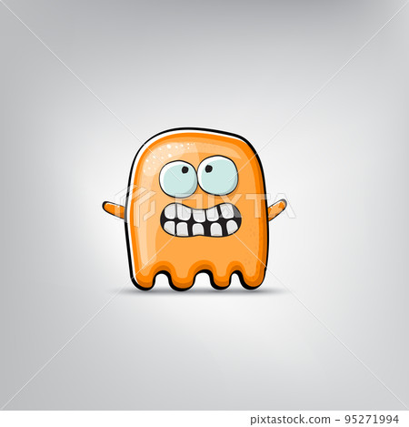 Funny cute smiling orange ghost monster isolated on grey background. Hand drawn cartoon ghost character with eyes and mouth , cute emoji. Funky Halloween spirit element. 95271994