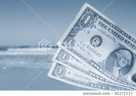 Person holding paper dollar bills on background of sea and sea waves, sandy beach and clear blue sky on sunny summer day. Concept of money, expenses on vacation, travel, tourism. Blue color Person holding paper dollar bills on background of sea and sea waves, sandy beach and clear blue sky on sunny summer day. Concept of money, expenses on vacation, travel, tourism. Blue color 95272517