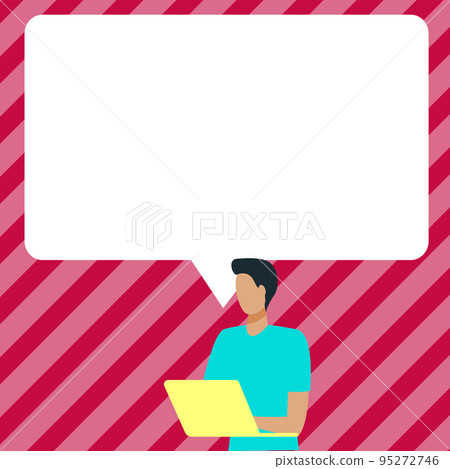 Presenter With Conversation Bubble Showing New Announcement. Colleague Speech Balloon Presenting Fresh And Important News Messages. 95272746