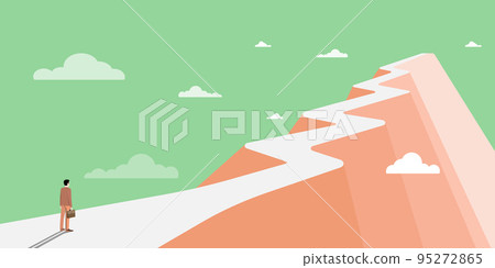 Man On A Mountain Drawing Proud Of His Climbing Success To The Clouds. Athlete On A Cliff Celebrating Achievement Ascending To The Top. Sports Guy Reaching The Sky. 95272865