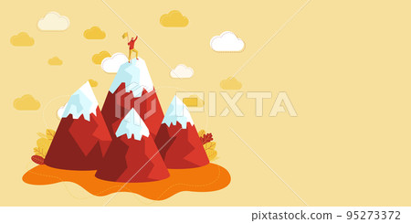 Man On A Mountain Drawing Proud Of His Climbing Success To The Clouds. Athlete On A Cliff Celebrating Achievement Ascending To The Top. Sports Guy Reaching The Sky. 95273372