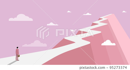 Man On A Mountain Drawing Proud Of His Climbing Success To The Clouds. Athlete On A Cliff Celebrating Achievement Ascending To The Top. Sports Guy Reaching The Sky. 95273374