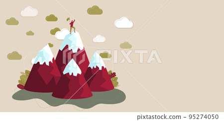 Man On A Mountain Drawing Proud Of His Climbing Success To The Clouds. Athlete On A Cliff Celebrating Achievement Ascending To The Top. Sports Guy Reaching The Sky. 95274050