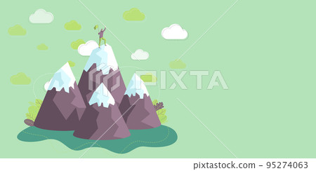 Man On A Mountain Drawing Proud Of His Climbing Success To The Clouds. Athlete On A Cliff Celebrating Achievement Ascending To The Top. Sports Guy Reaching The Sky. 95274063