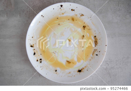 Fat on a dirty white plate after eating. Dish cleaner, anti-grease, dish care. Close-up Fat on a dirty white plate after eating. Dish cleaner, anti-grease, dish care. Close-up 95274466