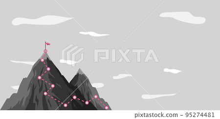 Man On A Mountain Drawing Proud Of His Climbing Success To The Clouds. Athlete On A Cliff Celebrating Achievement Ascending To The Top. Sports Guy Reaching The Sky. 95274481