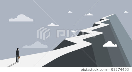 Man On A Mountain Drawing Proud Of His Climbing Success To The Clouds. Athlete On A Cliff Celebrating Achievement Ascending To The Top. Sports Guy Reaching The Sky. 95274493