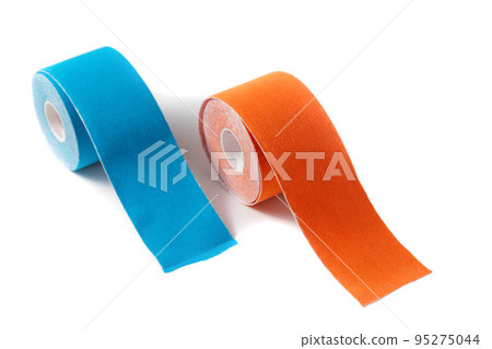 Kinesiology tape for taping in blue and orange on a white background, isolate. Close-up, isolate 95275044