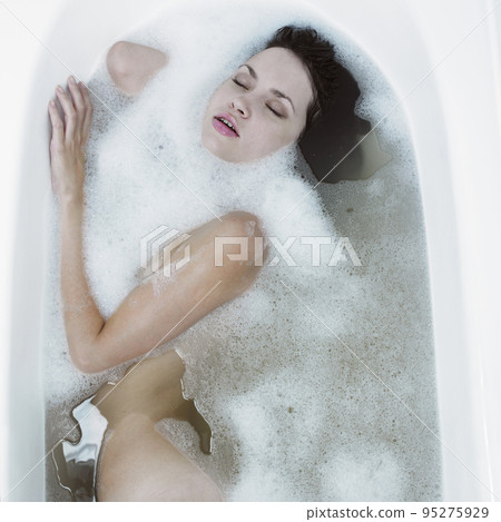 portrait of young beautiful woman in bathroom portrait of young beautiful woman in bathroom 95275929