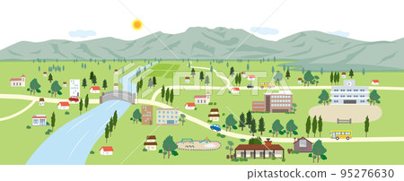 Landscape background illustration with mountains, rivers and towns 95276630
