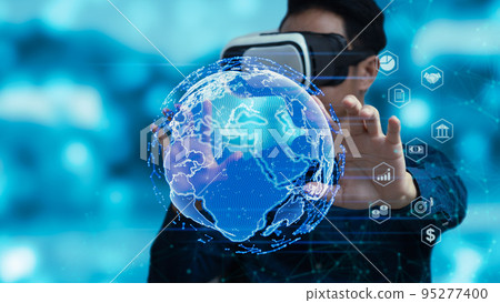Hand touching earth and global network connection. Communication and use of modern Internet technology , Social Networking, online marketing, digital online. Concept big data technology. 95277400