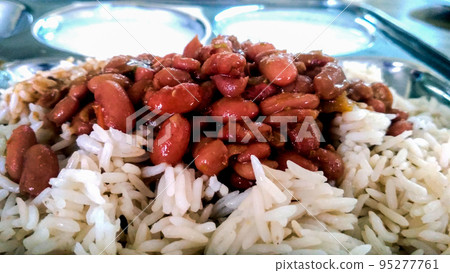 A platter of Indian red Kidney beans curry or Rajma Masala and rice 95277761