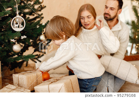 Cheerful Mother and Son with Christmas Gifts Stock Photo - Image