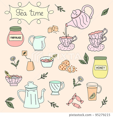 Tea time doodle set, kettles, cups, sweets and tea leaves, flat style vector Tea time doodle set, kettles, cups, sweets and tea leaves, flat style vector 95279215