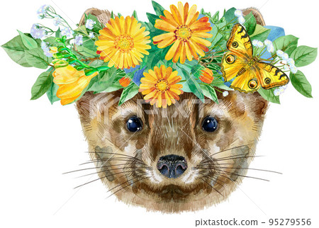 Watercolor portrait of a sable in wreath of flowers 95279556