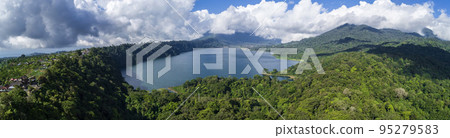 Danau Buyan Lake at High Forestry Hill Under Grey Clouds aerial panorama view 95279583