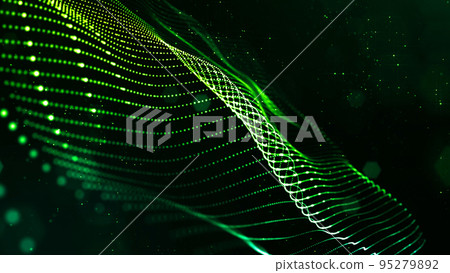 abstract sci-fi background with glow particles form curved lines, surfaces, hologram structures or virtual digital space. Green motion design background of microworld or cosmic space. Strings 95279892