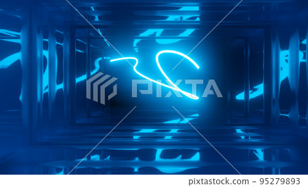3d render. Neon ray flies in mirror room reflected in numerous mirrors. Abstract neon light in a shiny room. 95279893