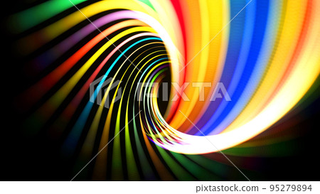 3d render. Abstract background with multicolor light streaks, light and bokeh effects. Neon lines made of particles form curve structure or twisted pattern. Spiral. 95279894