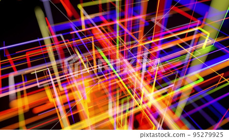 Motion graphics, sci fi bg with stream of multicolor neon glow lines form digital 3d space. Connection concept. Visualization of neural network operation, multiple calculations of ai. 3d render 95279925