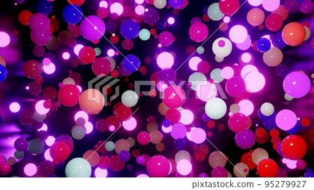 3d render. Abstract bg of colorful balls in air, which randomly light up and reflect in each other. Multicolored spheres in air as simple geometric dark background with light effects. In chrome room 3d render. Abstract bg of colorful balls in air, which randomly light up and reflect in each other. Multicolored spheres in air as simple geometric dark background with light effects. In chrome room 95279927