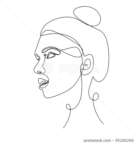 One line face. Linear sketch woman face. Female portrait vector hand drawn illustration outline. One line face. Linear sketch woman face. Female portrait vector hand drawn illustration outline. 95280260