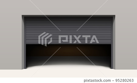 half open black garage door grey wall half open black garage door grey wall 95280263