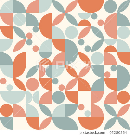 Vector minimalist pattern in mid century geometric design with circles and abstract shapes. Vintage style background, simple abstract wallpaper, retro. 95280264