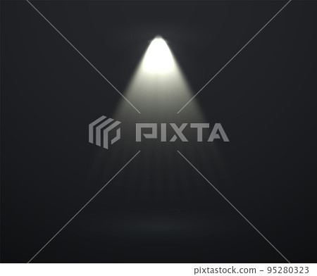 Spotlight effect. Vector progecrot ray in studio. Abstract theater scene. White illumination on transparent background. Night flare 95280323