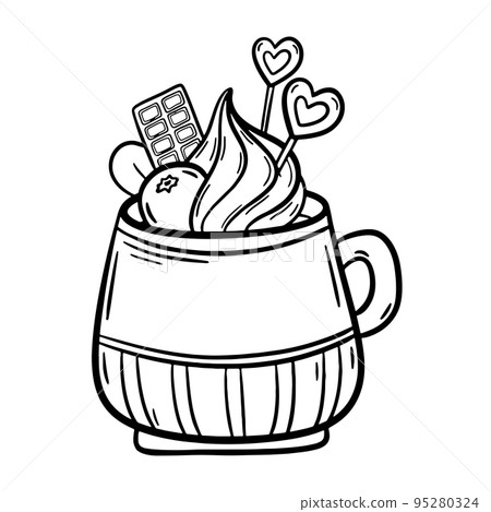 Christmas cup with Hot chocolate or coffee with whipped cream and waffle rolls. Vector illustrations in cartoon style. Tasty warm drink coloring page. For print Christmas cup with Hot chocolate or coffee with whipped cream and waffle rolls. Vector illustrations in cartoon style. Tasty warm drink coloring page. For print 95280324