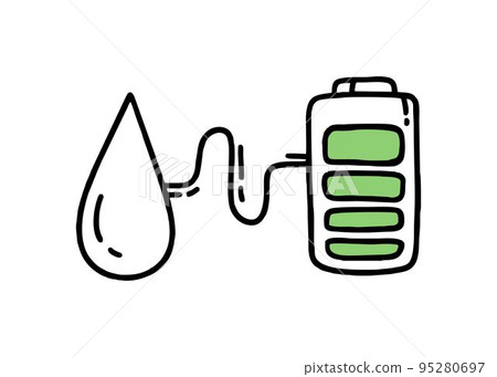 A battery with a charge and a drop of water. Co2 concept of climate change. Recycling. Vector isolated doodle 95280697